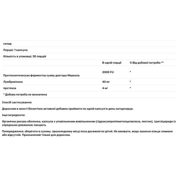Ламброкіназа, Lumbrokinase Enzymes, Dr. Mercola, 30 капсул