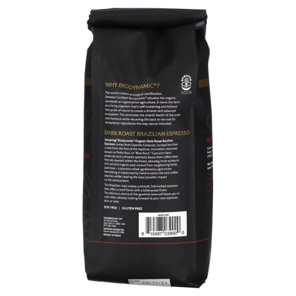 Кава в зернах, бразильський еспресо, цільні зерна, темне обсмажування, Organic Brazilian Espresso, Whole Bean, Dark Roast, Solspring, Biodynamic, Dr. Mercola, 453.5 г
