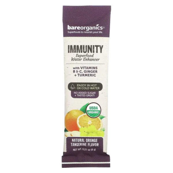 Суперфуд для імунітету, Superfood Water Enhancer, BareOrganics, Immunity, апельсин та мандарин, 12 пакетиків у стіках по 6 г