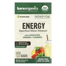 Органический персиковый зеленый чай с суперфудами, Organic Peach Green Tea BareOrganics Energy, 12 пакетиков-стиков по 6 г