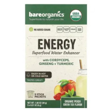 Зелений чай із суперфудами, Organic Peach Green Tea BareOrganics Energy, персик, 5 стиків по 6 г