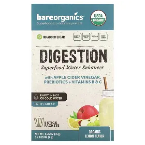Суперфуд для травлення, Digestion, Superfood Water Enhancer, BareOrganics, смак лимона, 5 пакетиків по 7 г кожен