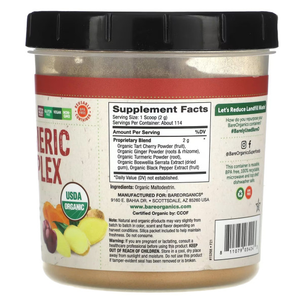 Куркума, Organic Turmeric Complex Powder, BareOrganics, органічний комплекс, порошок, 227 г