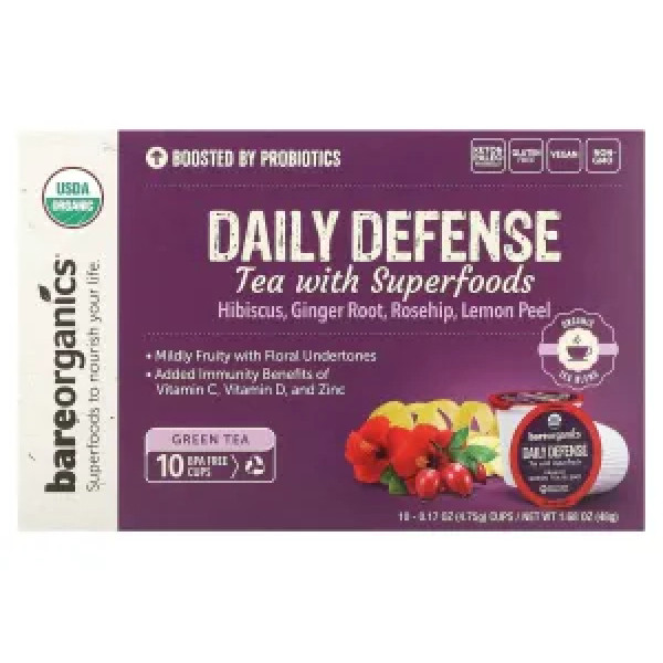 Зелений чай, Green Tea, BareOrganics, Daily Defense, 10 чашок по 4,75 г