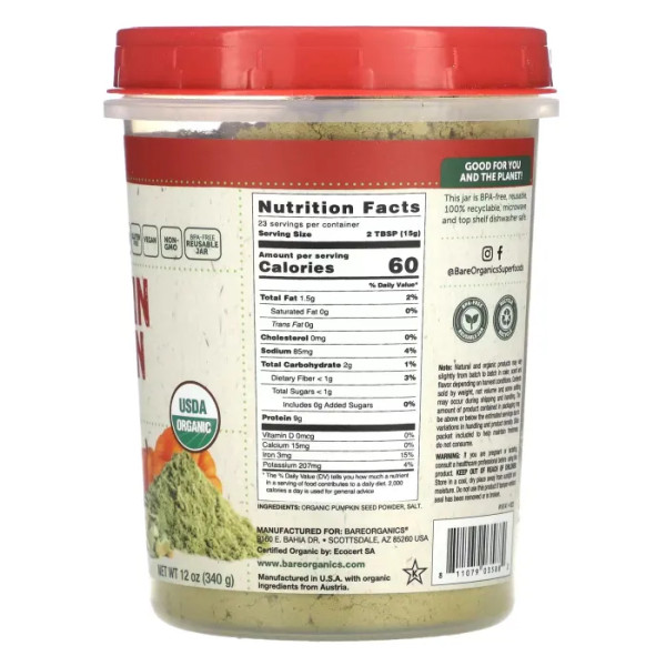 Гарбузовий протеїн, Roasted Organic Pumpkin Protein Powder, BareOrganics, обсмажений, органічний, порошок, 340 г