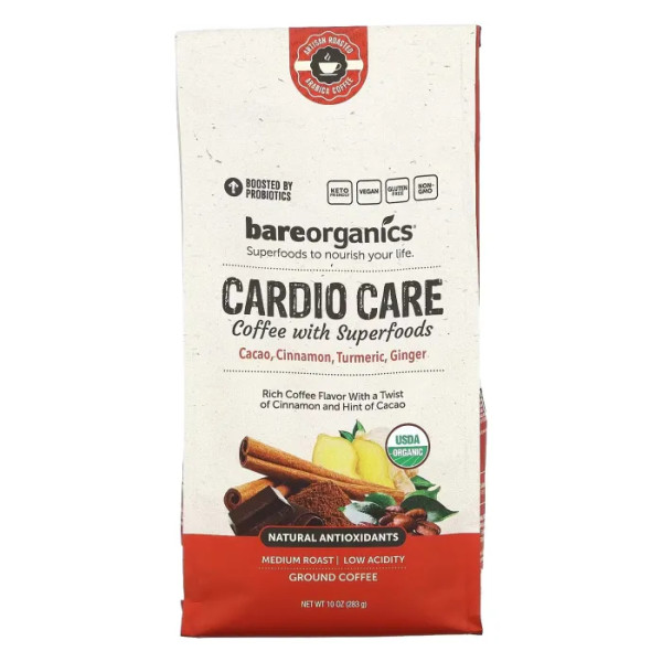 Кава, Coffee With Superfoods, BareOrganics, Cardio Care, з суперфудами, середнє обсмажування, 283 г