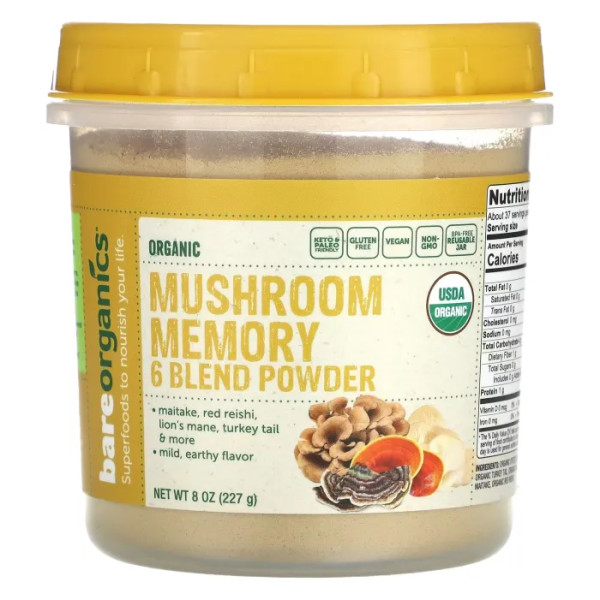 Гриби, суміш із 6 порошків, Organic Mushroom Memory 6 Blend Powder, BareOrganics, органік, 227 г