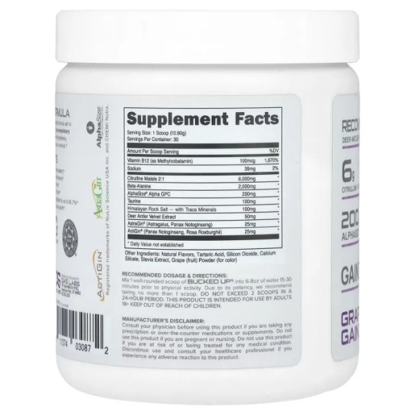 Передтренувальний комплекс, без стимуляторів, Pre-Workout, Bucked Up, для зростання сили, витривалості та м'язової маси, з екстрактом з оленячих рогів, смак – виноградний гейнц, 327 г