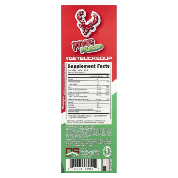 Передтренувальний комплекс, без стимуляторів, Pixie Pump, Bucked Up, зі смаком кавуна, 24 палички (по 10,6 г у кожній)