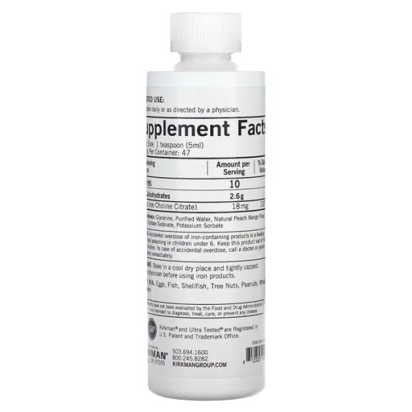 Залізо, Iron Liquid, Kirkman Labs, рідке, натуральний персик та манго, 237 мл