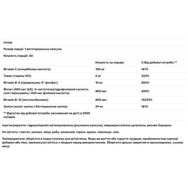 Залізо + вітаміни, HemePlex Fe, NuMedica, 60 вегетаріанських капсул