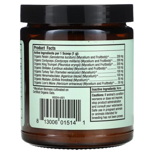 Комплекс грибів для здоров'я тварин, Mushroom Blend, Dr. Mercola, органічна ферментована грибна суміш для собак та котів, 60 г