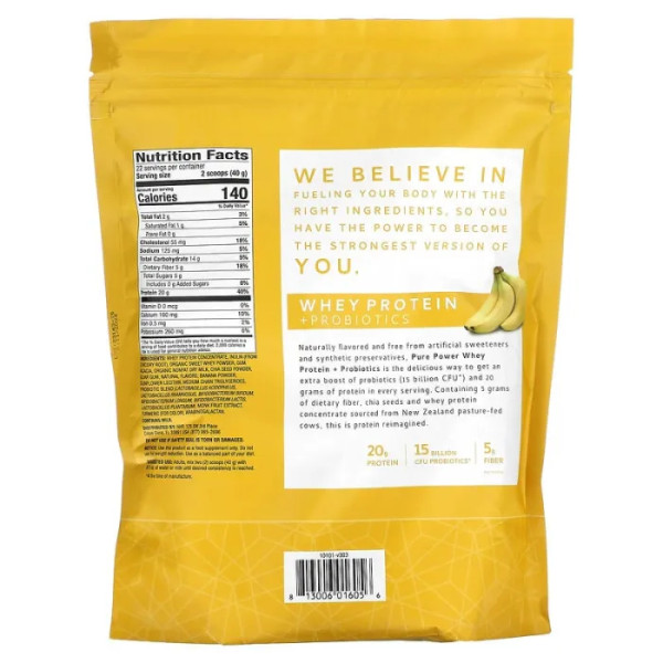 Сироватковий протеїн+пробіотики, Pure Power, Whey Protein+Probiotics, Dr. Mercola, порошок, банан, 880 г