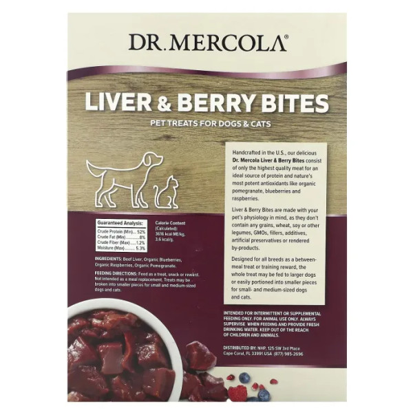 Ласощі з печінкою та ягодами, для котів та собак, яловича печінка породи Ангус, Liver and Berry Bites, Dr. Mercola, 141.74 г