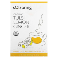 Чай тулсі з лимоном та імбиром без кофеїну органічний, Solspring Dr. Mercola Organic Herbal Tea Tulsi Lemon Ginger, 18 пакетиків, 36 г