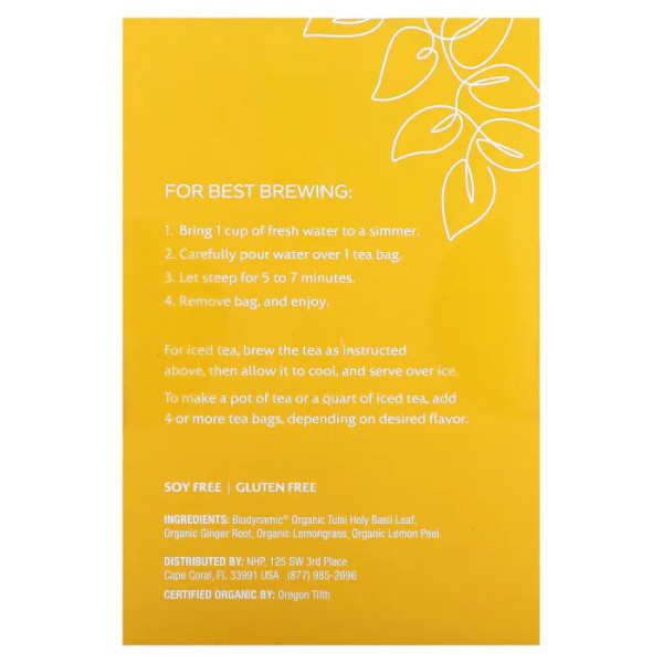 Чай тулсі, з лимоном, імбиром, Organic Herbal Tea, Tulsi Lemon Ginger, Solspring, Dr. Mercola, органік, без кофеїну, 18 чайних пакетиків, 36 г