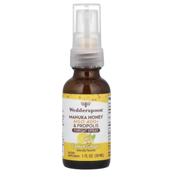Спрей для горла з медом манука та прополісом, Throat Spray, Wedderspoon, лимон та імбир, MGO 400+, 30 мл