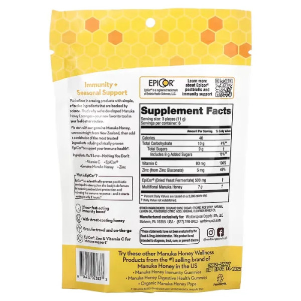 Льодяники з медом манука, лимоном та імбиром, Manuka Honey Lozenges, Wedderspoon, підвищення імунітету, 74 г