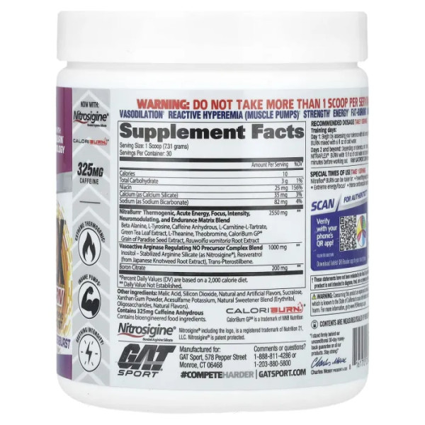 Передтренувальний комплекс, Sport NITRAFLEX® Burn, GAT, тропічні фрукти, 219.3 г