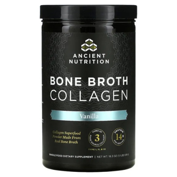 Колаген із кісткового бульйону, зі смаком ванілі, Bone Broth Collagen, Dr. Axe \/ Ancient Nutrition, 519 г