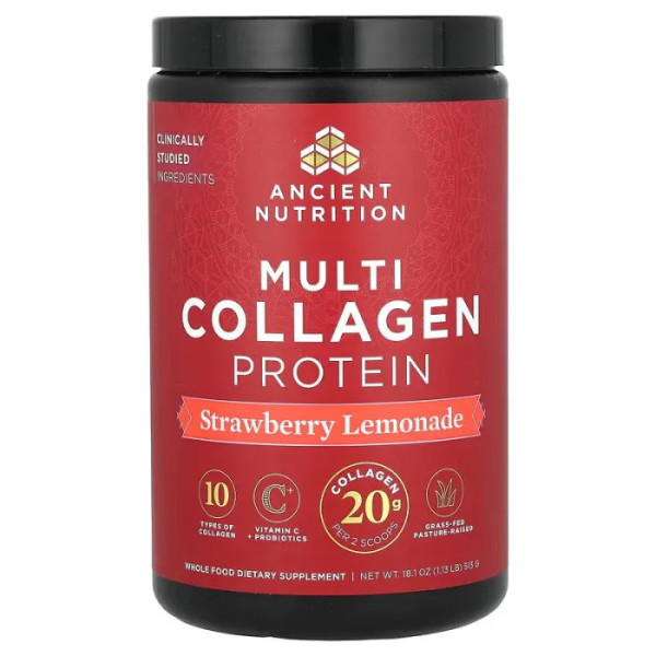 Протеїн колагеновий, Multi Collagen Protein, Ancient Nutrition, порошок, полуничний лимонад, 513 г