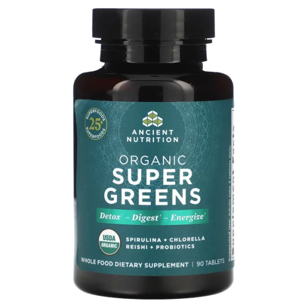 Суперзелень органічна, Organic Super Greens, Dr. Ax \/ Ancient Nutrition, 90 таблеток