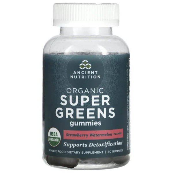 Суперзелень органічна, Organic Super Greens, Dr. Ax\/Ancient Nutrition, зі смаком полуниці та кавуна, 50 жувальних таблеток