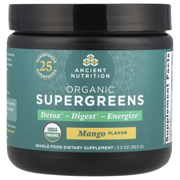 Зелена їжа, Organic SuperGreens, Dr. Ax\/Ancient Nutrition, манго, 92,5 г