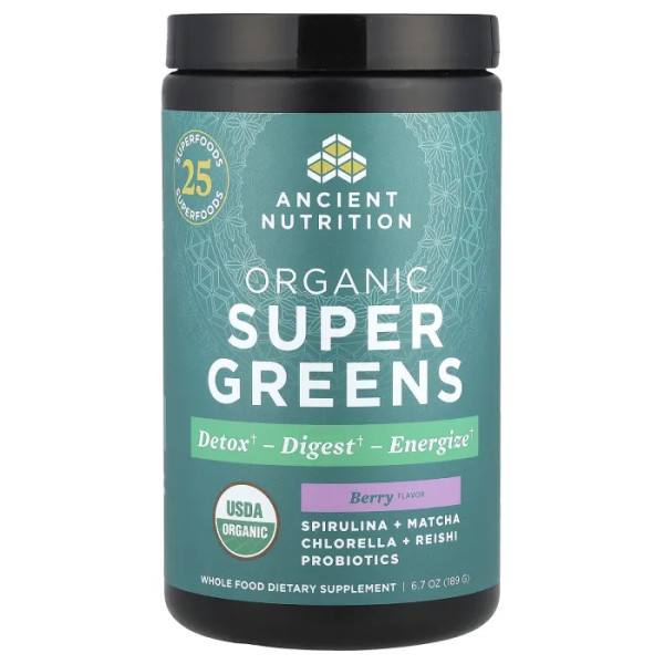 Зелене харчування, Organic SuperGreens, Dr. Ax\/Ancient Nutrition, ягоди, 189 г