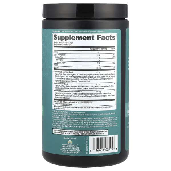 Зелене харчування, Organic SuperGreens, Dr. Ax\/Ancient Nutrition, ягоди, 189 г