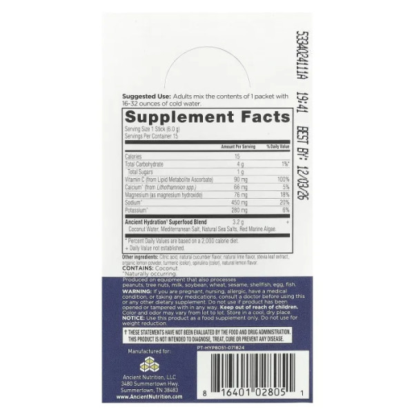 Електроліти, Rapid Hydration, Dr. Axe \/ Ancient Nutrition, лимон та лайм, 15 упаковок у вигляді стиків, по 6 г