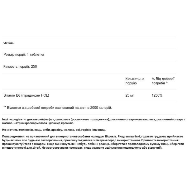 Вітамін В6 (піридоксин HCl), Vitamin B6, Pure Naturals, 25 мг, 250 таблеток