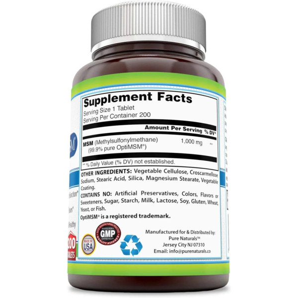 МСМ (метилсульфонілметан), OptiMSM, Pure Naturals, для здорової функції суглобів, сполучної тканини, здоров'я шкіри та здорового старіння, 1000 мг, 200 таблеток