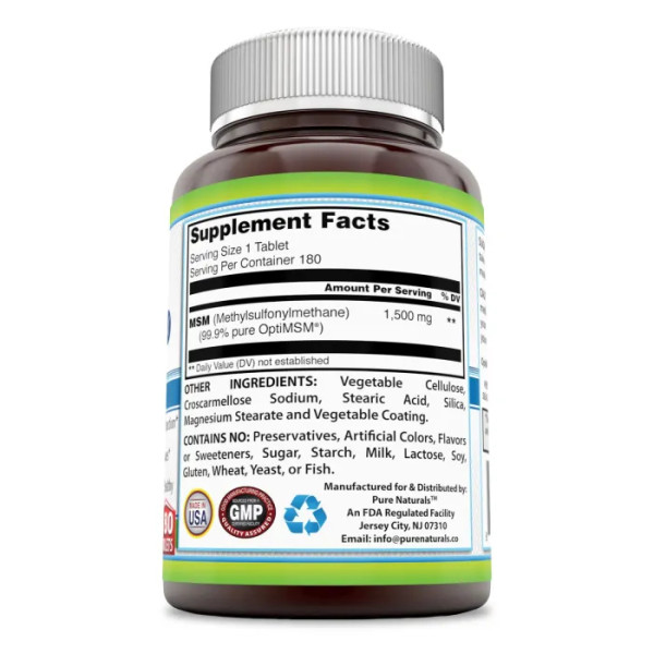 МСМ (метилсульфонілметан), OptiMSM, Pure Naturals, підтримка здорової функції суглобів, сполучної тканини, здоров'я шкіри та здорового старіння, 1500 мг, 180 таблеток