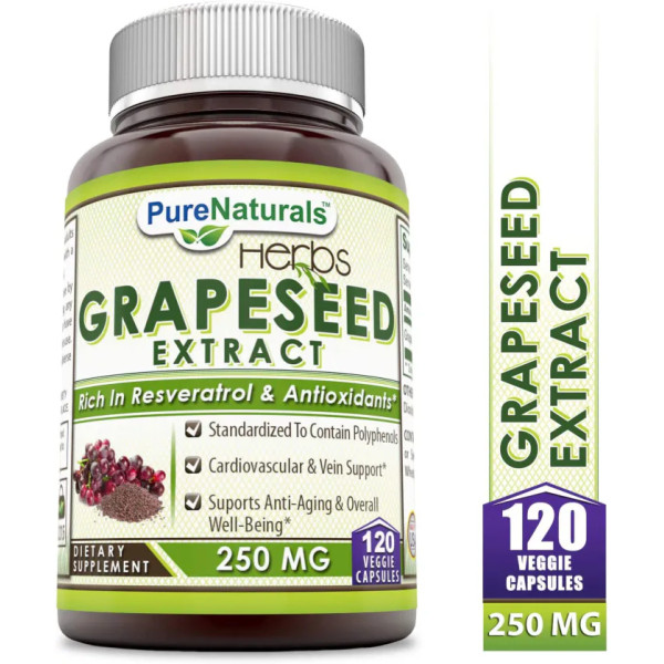 Екстракт виноградних кісточок, Grapeseed Extract, Pure Naturals, 250 мг, 120 вегетаріанських капсул