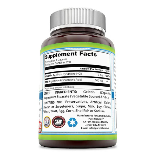 Гамма-аміномасляна кислота з вітаміном B6, GABA with Vitamin B6, Pure Naturals, 500 мг, 200 капсул