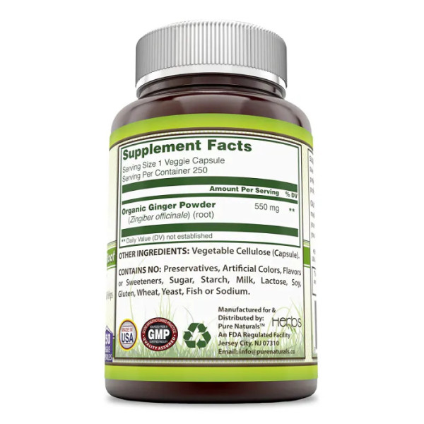 Корінь імбиру, Ginger Root, Pure Naturals, 550 мг, 250 вегетаріанських капсул