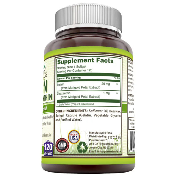 Лютеїн з зеаксантином, Lutein with Zeaxanthin, Pure Naturals, 20 мг, 120 гелевих капсул