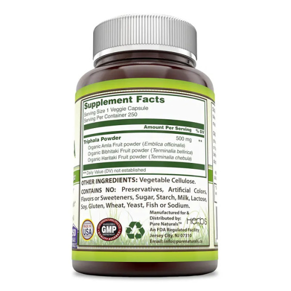 Трифала, Triphala, Pure Naturals, органік, 500 мг, 250 вегетаріанських капсул