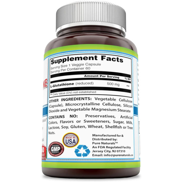Глютатіон, L-Glutathione, Pure Naturals, 500 мг, 60 вегетаріанських капсул