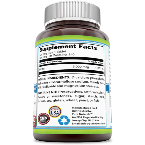 Біотин, Biotin, Pure Naturals, 5000 мкг, 240 таблеток