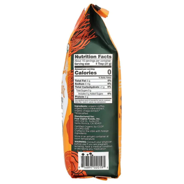 Кава з їжовиком гребінчастим та грибами чага, Coffee with with Lion's Mane & Chaga Mushrooms, Four Sigmatic, органічна, мелена, темне обсмажування, 283 г