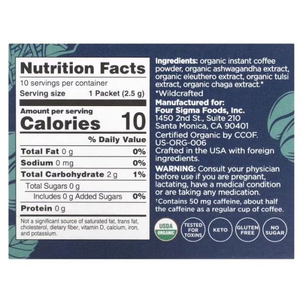 Кава з адаптогенами: ашвагандою та елеутерококом, Coffee with Ashwagandha & Eleuthero Adaptogens, Four Sigmatic, органік, середньої прожарки, 10 пакетів по 2,5 гр