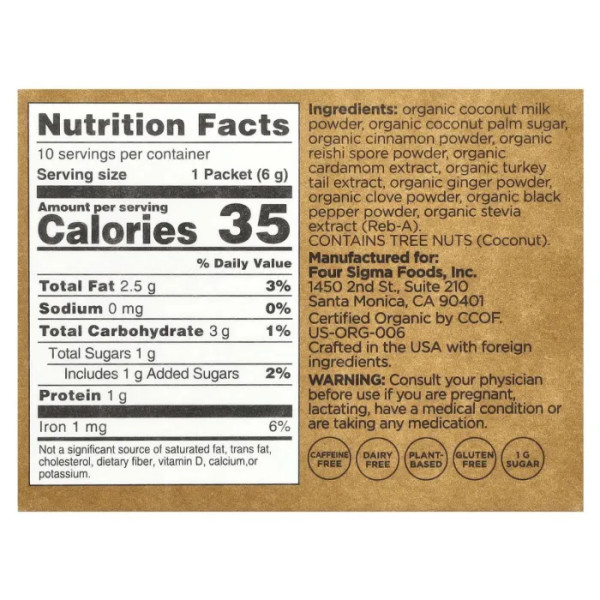 Латте з грибами рейші, Chai Latte Mix with Reishi Mushroom, Four Sigmatic, органік, без кофеїну, 10 пакетів по 6 г