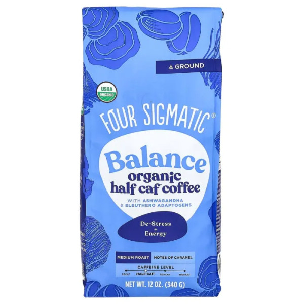 Кава з адаптогенами ашвагандою та елеутерококом, Half Caf Coffee with Ashwagandha & Eleuthero Adaptogens, Four Sigmatic, органік, мелена, середнього обсмажування, 340 г