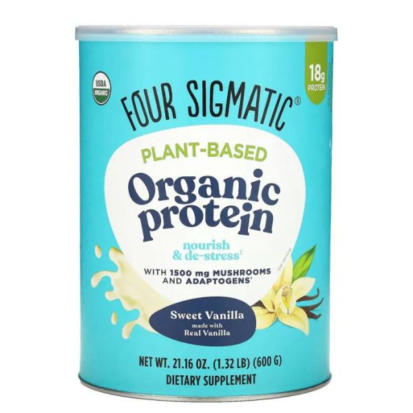 Рослинний протеїн, Plant-Based Protein, Four Sigmatic, органік, зі смаком солодкої ванілі, 600 г