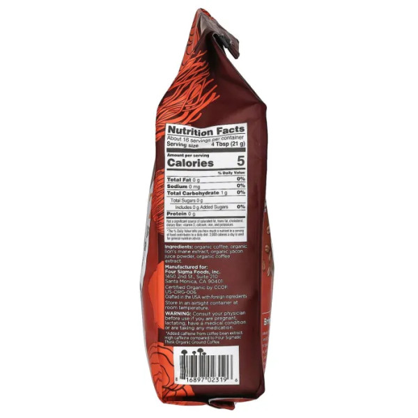 Кава з грибом їжовиком гребінчастим і яконом, High Caf Coffee with Lion's Mane Mushroom & Yacon, Four Sigmatic, органік, з кофеїном, мелена, темного обсмажування, 340 г