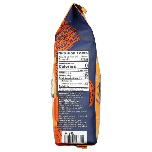 Холодна кава з їжовиком гребінчастим та яконом, Cold Brew Coffee With Lion`s Mane, Mushroom & Yacon, Four Sigmatic, органік, крупного помелу, темного обсмажування, 340 г