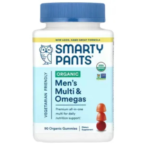 Мультивітаміни та омега-кислоти для чоловіків, органічні, Organic, Men's Multi & Omegas, SmartyPants, смак - малина, апельсин та вишня, 90 жувальних цукерок