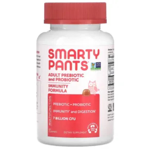 Пробіотик та пребіотик для дорослих, Adult Prebiotic and Probiotic, SmartyPants, підтримка імунітету та травлення, полуничний крем, 7 млрд КУО, 60 жувальних цукерок